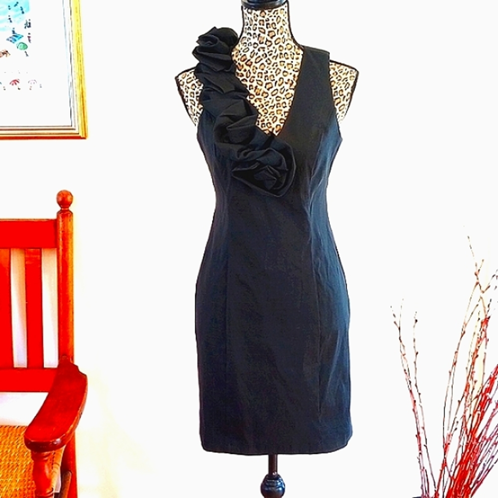 VTG 80s S.L. Fashions Sleeveless V Neck Cocktail Dress Size:8 Color:Black